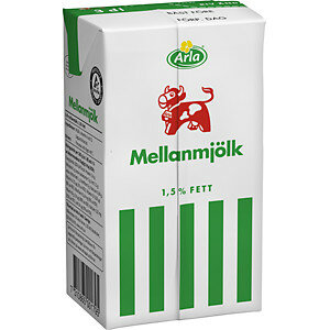 Arla mellanmjölkförpackning med 1,5 % fett och gröna vertikala ränder.