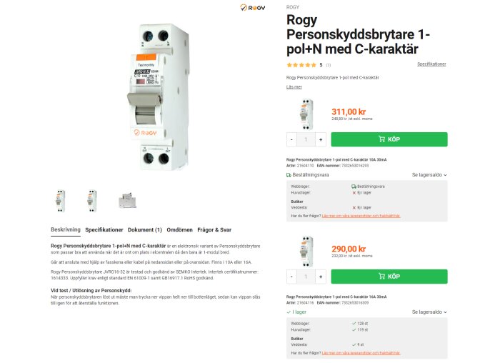 Personskyddsbrytare från Rogy visad online, inklusive pris och köpknapp, produktspecifikationer och kundomdömen.