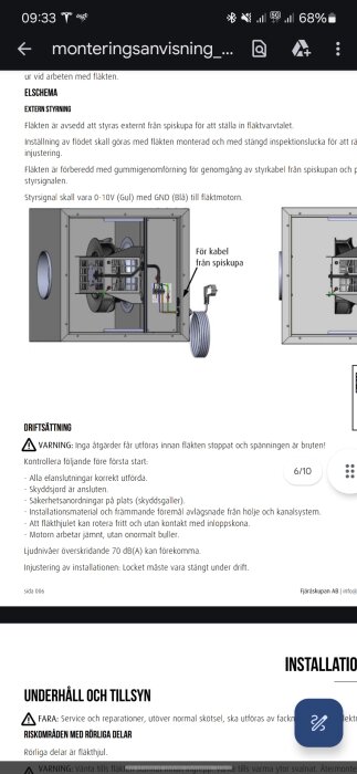 Schematisk illustration av fläktinstallation med 0-10V styrsignalkoppling för extern styrning.