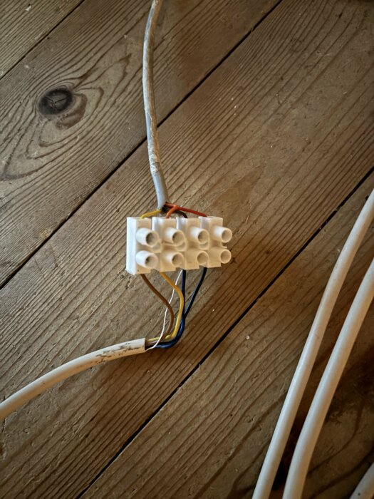 Gamla sladdar och en kabelanslutning på ett trägolv som misstänks vara en tv-antenn.