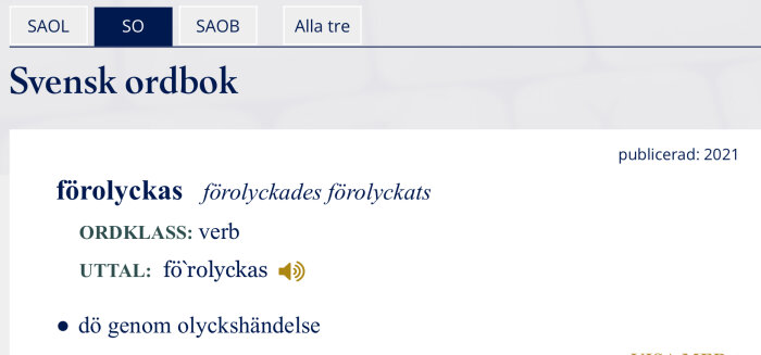 Skärmdump av Svensk ordbok (SAOL) som visar definitionen av verbet "för­olyckas".