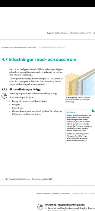 Illustration av väggkonstruktion för infästningar i badrum enligt Säker Vatteninstallation 2021:1.