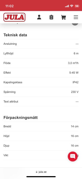 Skärmdump av en produktsida på Jula.se med teknisk data och förpackningsmått för en vara.