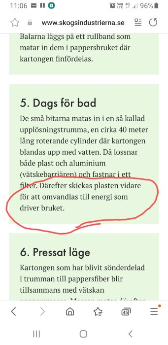 Skärmdump av webbsida med markerad text om återvinning av mjölkpaket för energi.