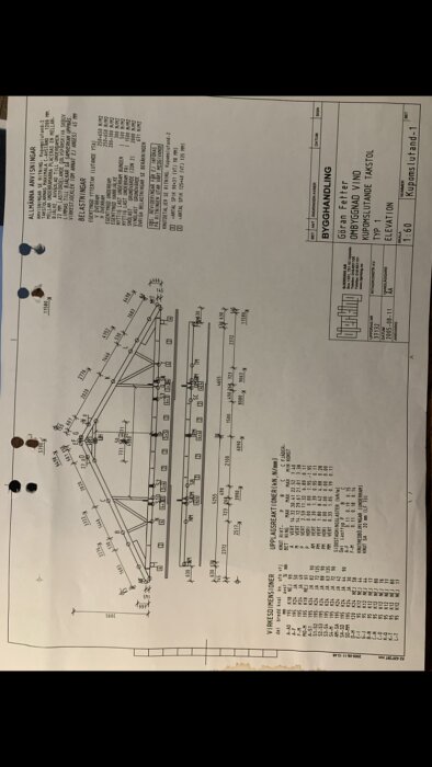 Ritning av byggprojekt med markerade dimensioner och strukturella element, potentiellt av en bärande vägg.
