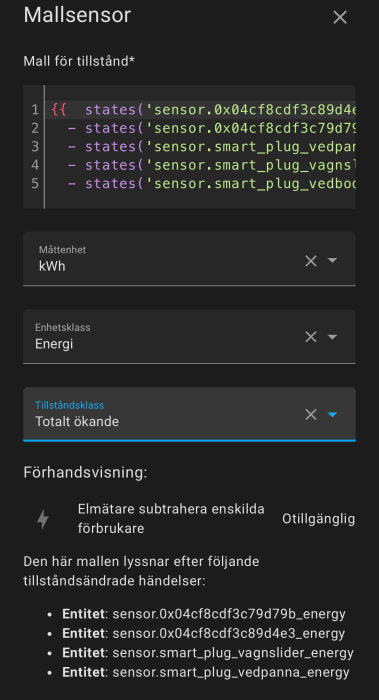 Skärmdump av kod för att subtrahera energiförbrukning från olika sensorer i ett smart hem-system.