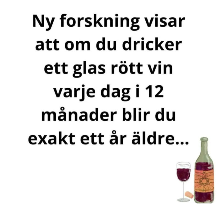 Humoristisk text om forskning med ett vinflask och ett halvfullt glas rött vin bredvid.