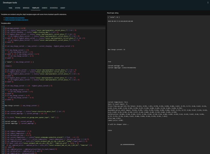 Skärmdump av kod i Home Assistant's Developer Tools med exempel på template-redigering och resultat.