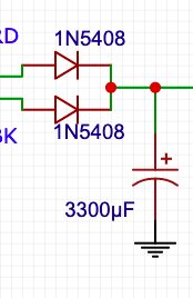 Elektriskt kopplingsschema med dioder, kondensator och anslutningspunkter markerade.