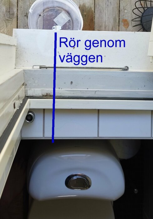 Röret markerat med blå linje som går genom väggen ovanför en diskho och vittoalett.