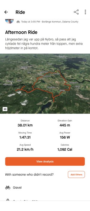 Skärmdump av en cykelturaktivitet med karta, vägdata och statistik som visar sträcka, höjdvinst och kaloriförbränning.