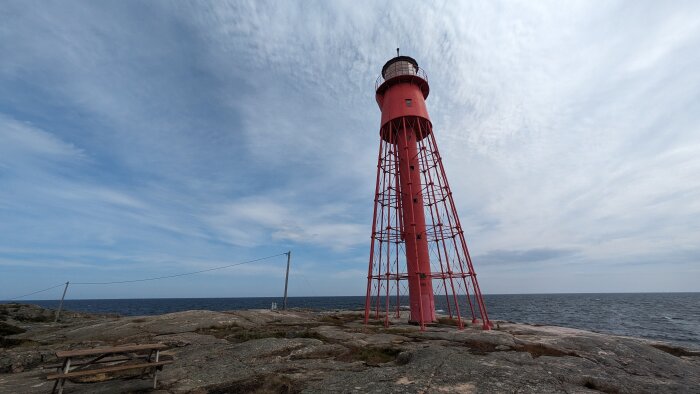 Röd fyr på klippig kust mot bakgrund av himmel och hav.