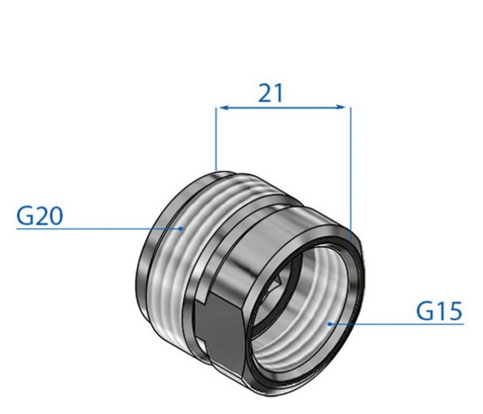 Illustration av en övergångsnippel med gängor märkta G15 och G20 och måttet 21 mm specifierat.