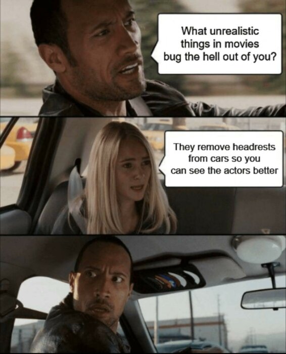 En komisk meme med två rutor där skådespelare uttrycker irritation över orealistiska detaljer i filmer.