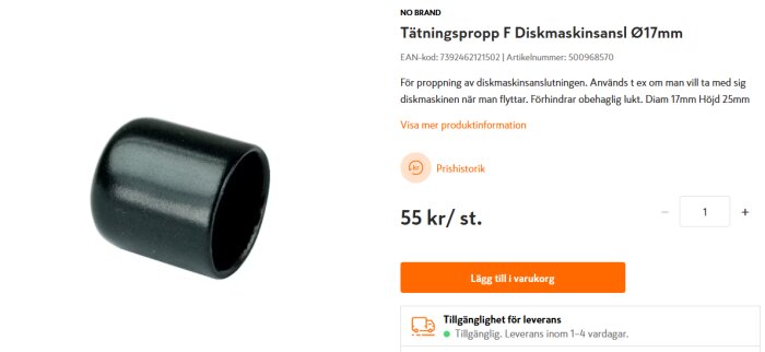 Svart tätningpropp för diskmaskinsanslutning på 17 mm för att förhindra dålig lukt, visad mot vit bakgrund med prisinformation.