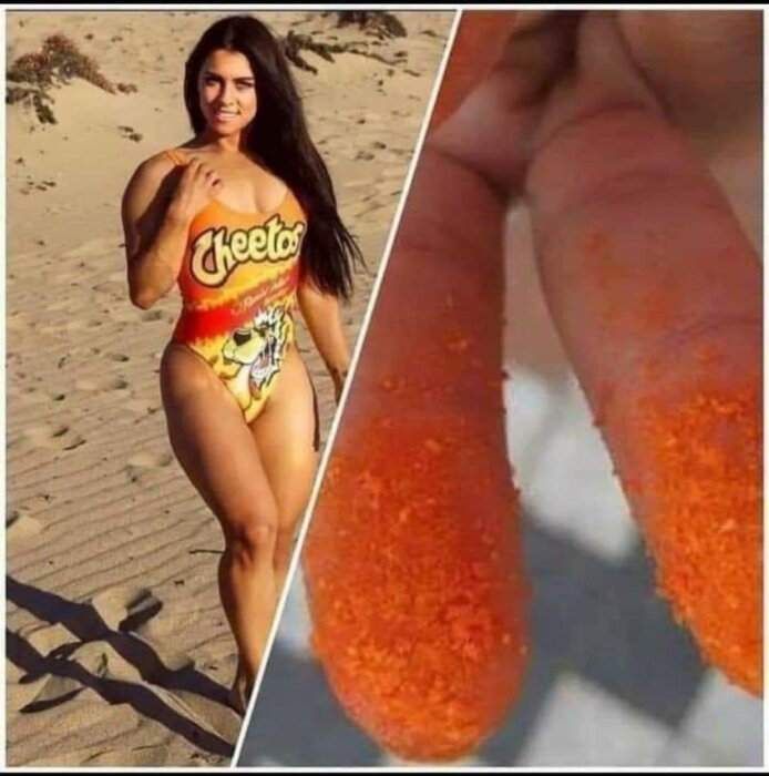 Montage av två bilder, en kvinna i Cheetos-baddräkt på stranden och närbild på fingrar med Cheetos-pulver.