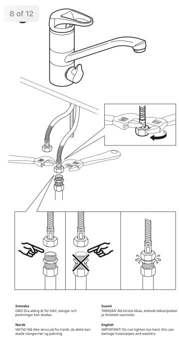 Illustration av IKEA Sundsvik köksblandare och dess installation, inklusive varningar på flera språk.