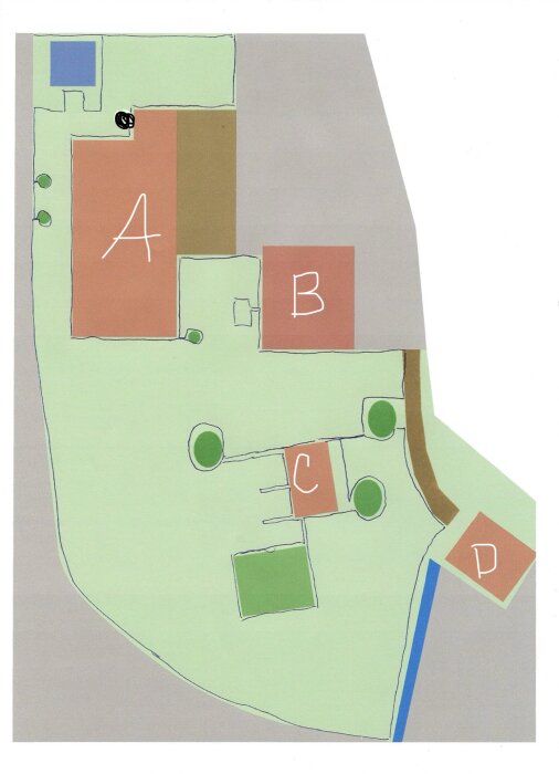 Skiss av trädgård med markerade områden för hus, garage, växthus och pallkragar för planering av kabeldragning.