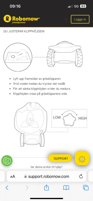 Instruktionsbilder som visar hur man justerar klipphöjden på en Robomow gräsklippare.