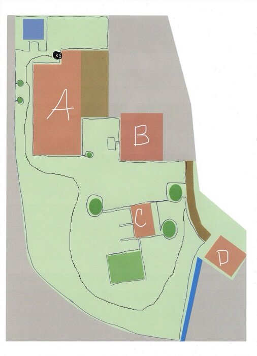 Schematisk ritning av en fastighetslayout med märkta områden A, B, C, D och guidekabel angiven.