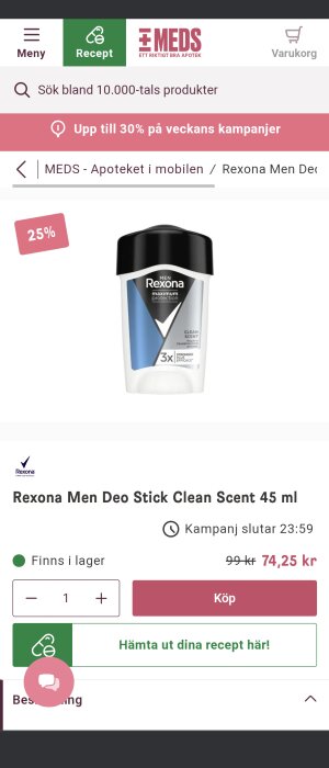 Rexona Men Deo Stick Clean Scent 45 ml med 25% rabatt på en online apotekssajt.