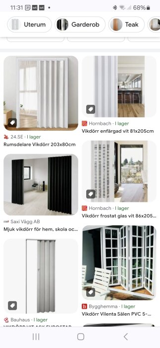 Olika stilar av vikdörrar i vitt för hem och kontor, både solida och med frostade glaspaneler.