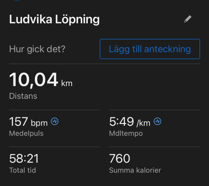 Skärmklipp av träningsapp med löpstatistik: 10,04 km distans, 157 bpm medelpuls, 5:49/km tempo, 58:21 total tid, 760 kalorier.