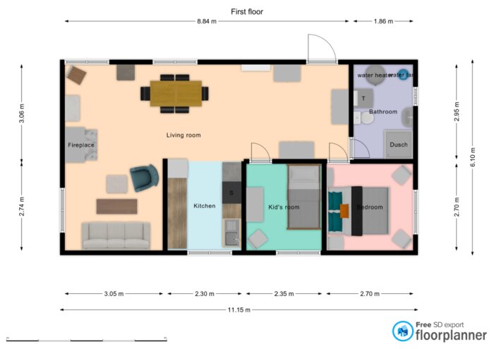 Planlösning av en sommarstuga med vardagsrum, kök, sovrum, barnrum och badrum.