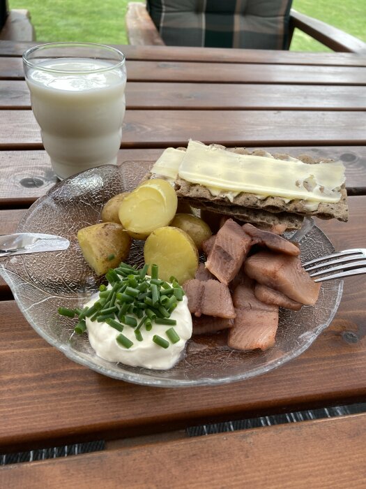 Tallrik med sill, potatis och knäckebröd på en träaltan, ett glas mjölk i bakgrunden.