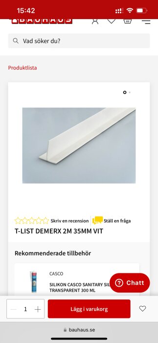 Vit T-list från Demerx, 2 meter lång och 35 mm bred, presenteras på en e-handelssajt.