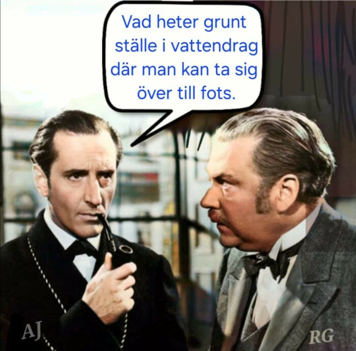 Två fiktiva figurer i dialog, en med pipa, med pratbubbla om grunda ställen i vattendrag.