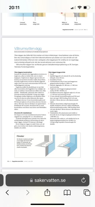 Skärmbild av en webbsida med text och illustrationer som beskriver konstruktion av en våtrumsyttervägg.