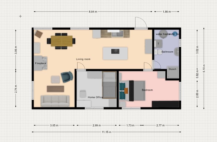 Översiktlig planritning av en lägenhet med måttangivelser, som visar placering av kök, vardagsrum, sovrum, badrum och hemmakontor.