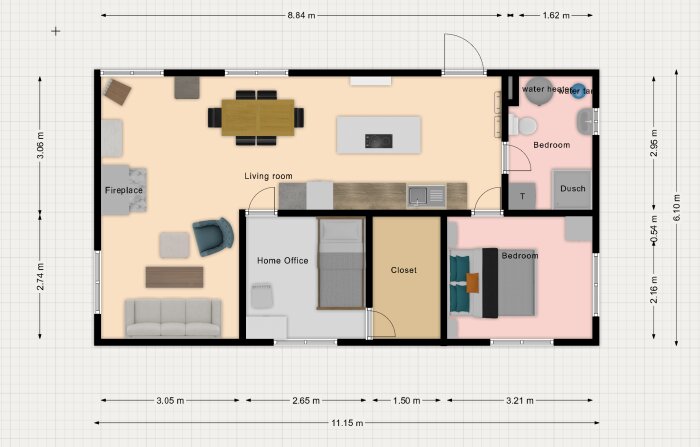 Planritning av ett hem med vardagsrum, kontor, två sovrum, closet och badrum, inklusive måttangivelser.