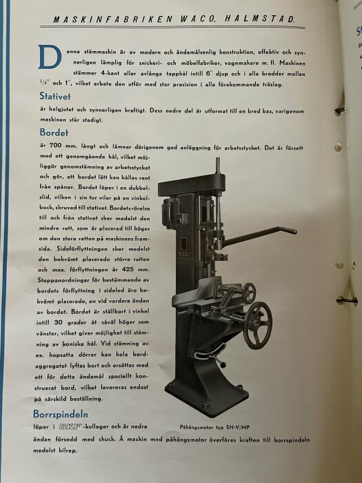 Svartvit bild av en historisk automatisk pneumatisk drivmaskin, modell SKH-Y, från Maskinfabriken WACO i en gammal manual.