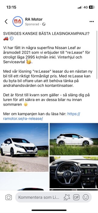 En vit Nissan Leaf 2021 parkerad utomhus visad från flera vinklar och en bild av dess interiör.