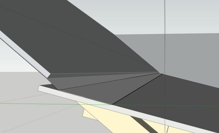 3D-skiss av ett tak i en 90 graders vinkel med möjlig plåtlösning för skarvar.
