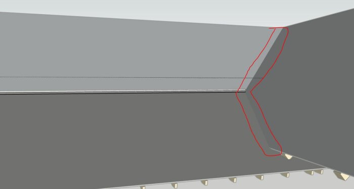 3D-skiss av takkonstruktion med rödmarkeringar för att visa föreslagen lösning på plåtskarv.