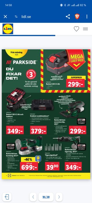 Reklamblad för Lidl visar erbjudanden på Parkside-verktyg, inklusive batterier, laddare och elverktyg.