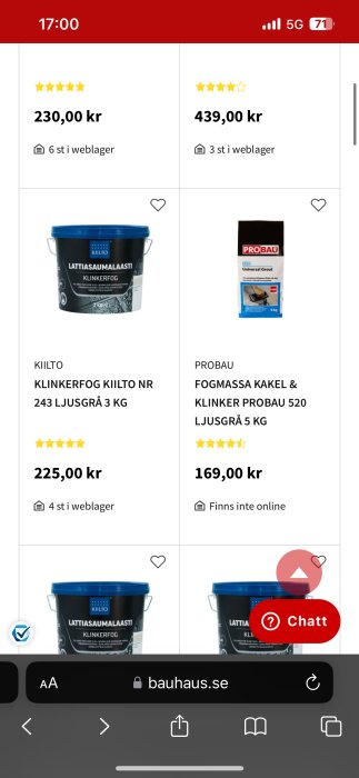 Skärmdump av byggprodukter med priser och kundomdömen på en webbsida.