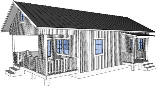 Digital skiss av ett enplanshus med sadeltak, loft, träfasad, fönster med spröjs och veranda med räcken.