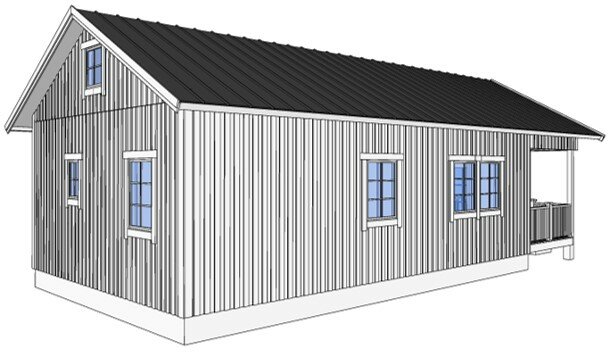 Illustration av ett enplanshus med vertikalt panelat träfasad och svart tak inkluderar loft och veranda.