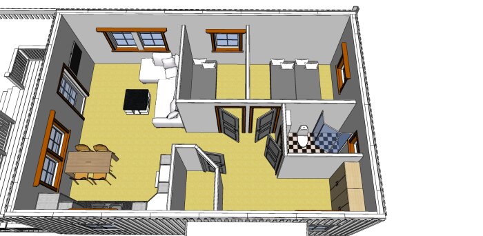3D-ritning av ett loft med öppen planlösning, trappa, kök, och badrum.