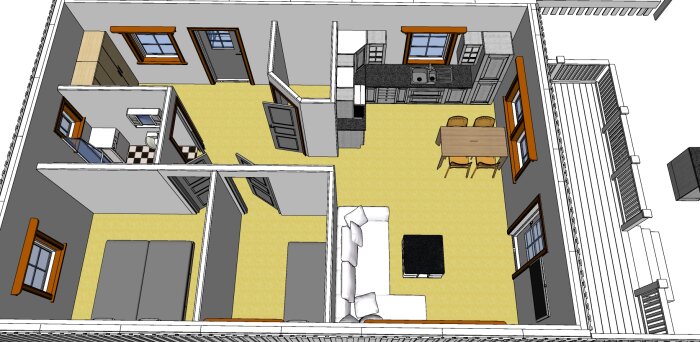 3D layout på en öppen planlösning med loft, möbler och fönster, i skissen av ett hem.
