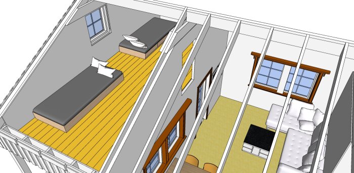 3D-visualisering av ett loftområde med sängar, fönster och trappa.