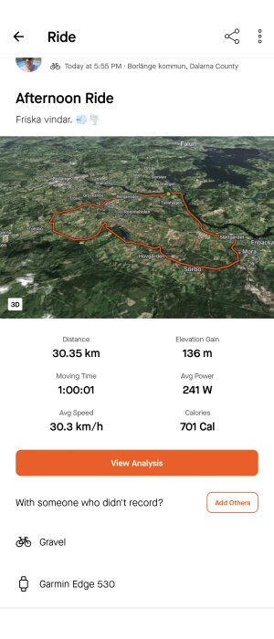 Skärmbild av cykelturresultat med rutt på karta, tid, distans, medelhastighet och höjdvinst.