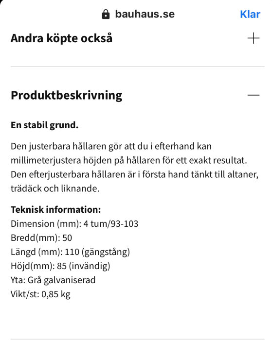 Skärmbild av produktbeskrivning för justerbar hållare utan info om sidojustering från bauhaus.se