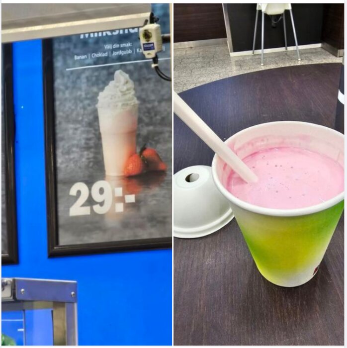 Reklamskylt för milkshake bredvid en faktisk milkshake som ser mindre aptitlig ut.