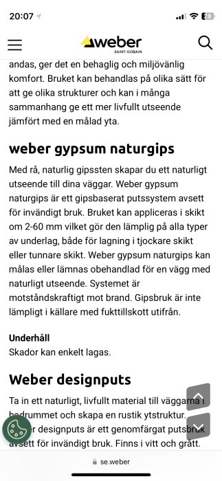 Skärmdump av en webbsida från Weber med information om gipsbaserade putsprodukter för väggar.