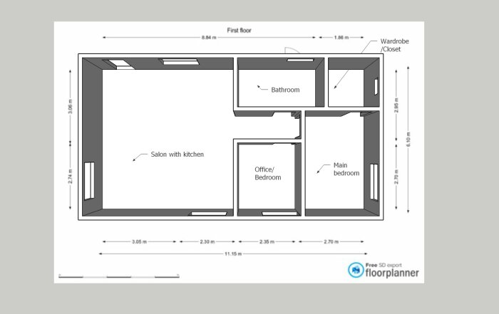 Planritning av första våningen med vardagsrum, kök, kontor/sovrum, huvudsovrum, badrum och klädkammare.